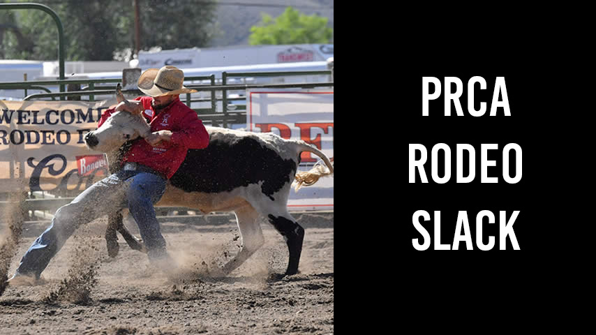 PRCA Rodeo Slack; showing a steer wrestler in a red shirt.