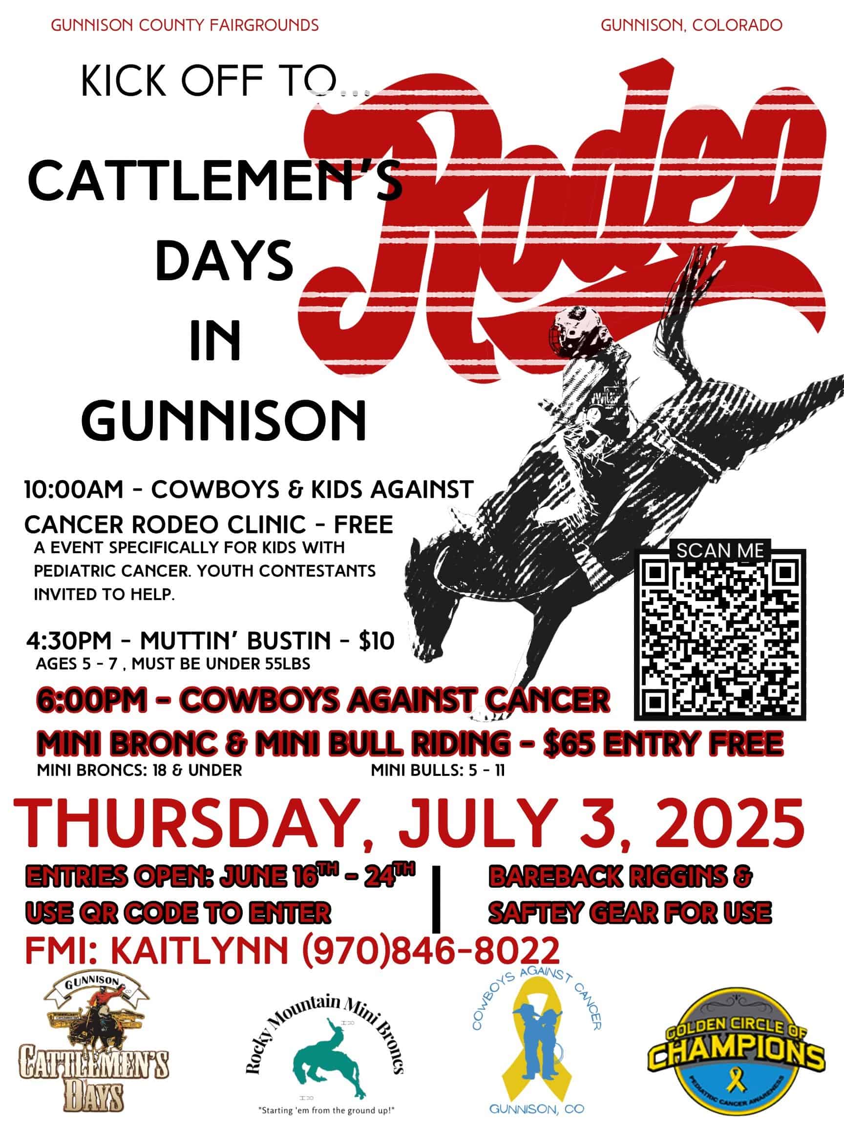 Flyer for July 3rd Mutton Bustin and Mini Bronc events. Text is in the information above.