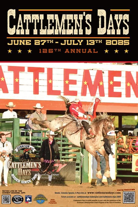 Cattlemen's Days, June 27th through July 13th, 2025, 126th Annual poster featuring a bucking bronco and rider wearing a red shirt under the Cattlemen's Days sign.