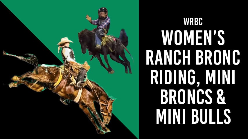 Women's Ranch Bronc Riding, Mini Broncs, and Mini Bulls Event showing a woman bronc rider and a child riding a mini bronc.